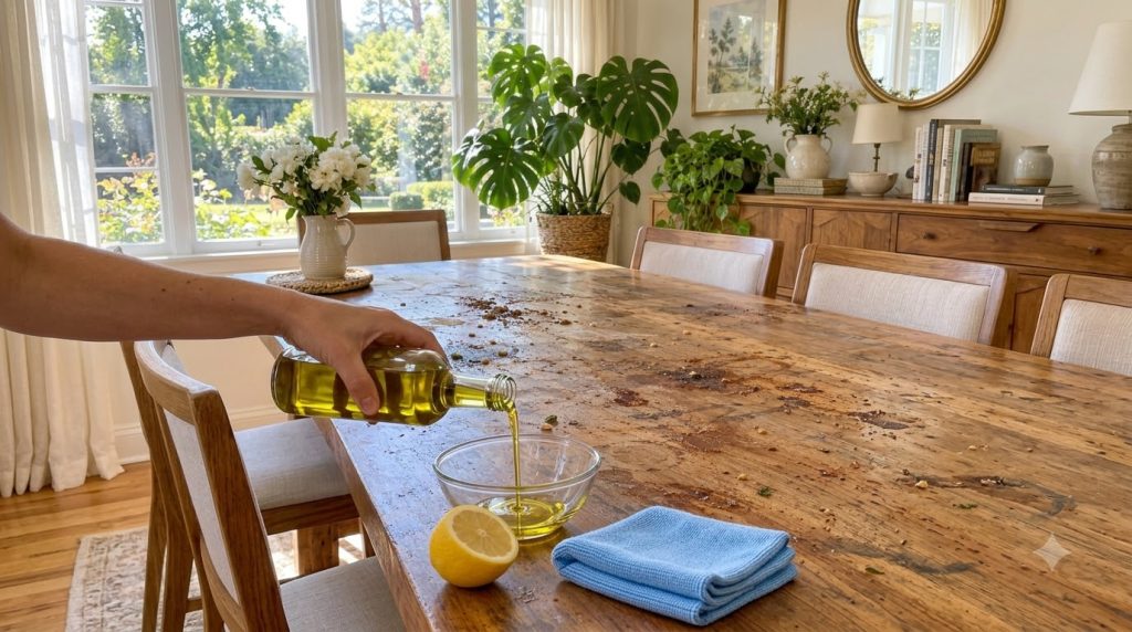 A hand pouring olive oil into a clear glass bowl on a rustic wooden dining table next to a cut lemon and a blue cloth