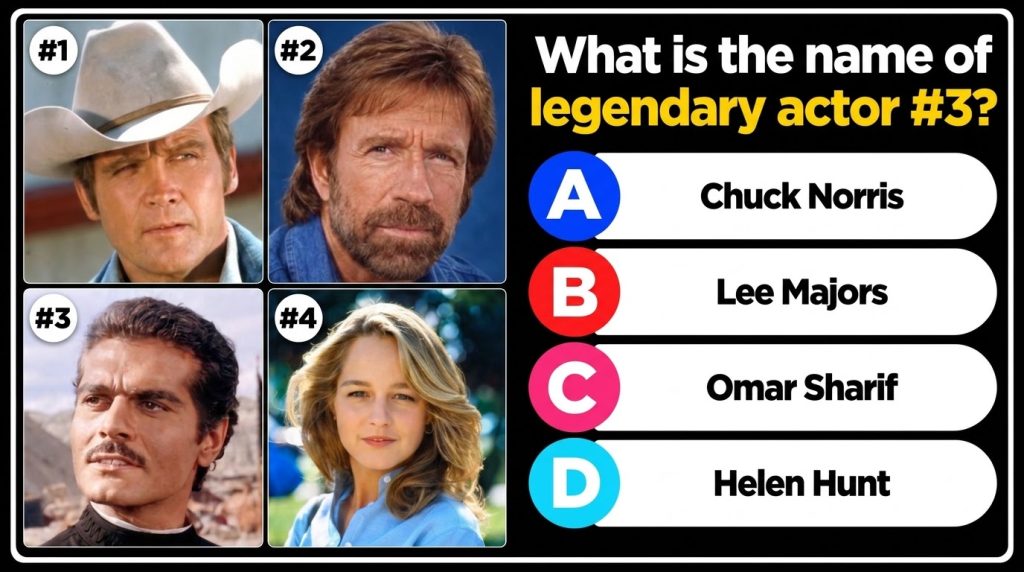 A vertical quiz format displaying four portrait photos of famous actors in a 2x2 grid Below the images a question asks t