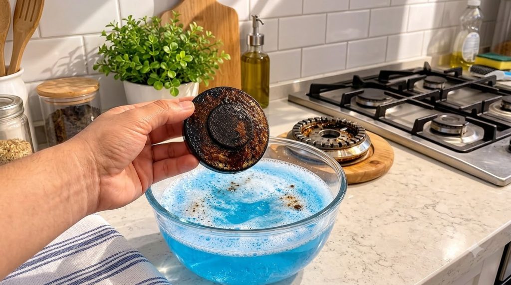 A hand holding a heavily soiled gas stove burner cap over a glass bowl filled with a vibrant blue foamy cleaning solutio