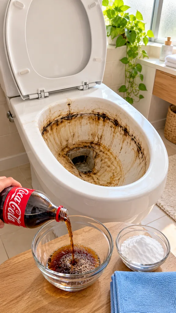 A hand pouring Coca-Cola into a bowl next to another bowl with white powder and a dirty toilet in the background
