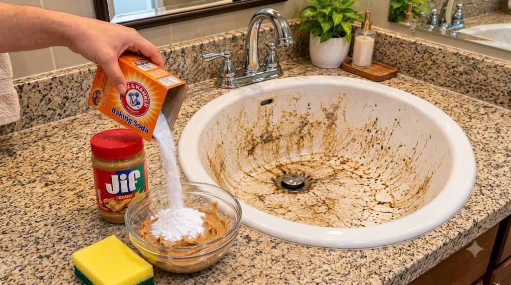 A hand pouring baking soda from a box into a glass bowl with peanut butter a dirty bathroom sink in the background