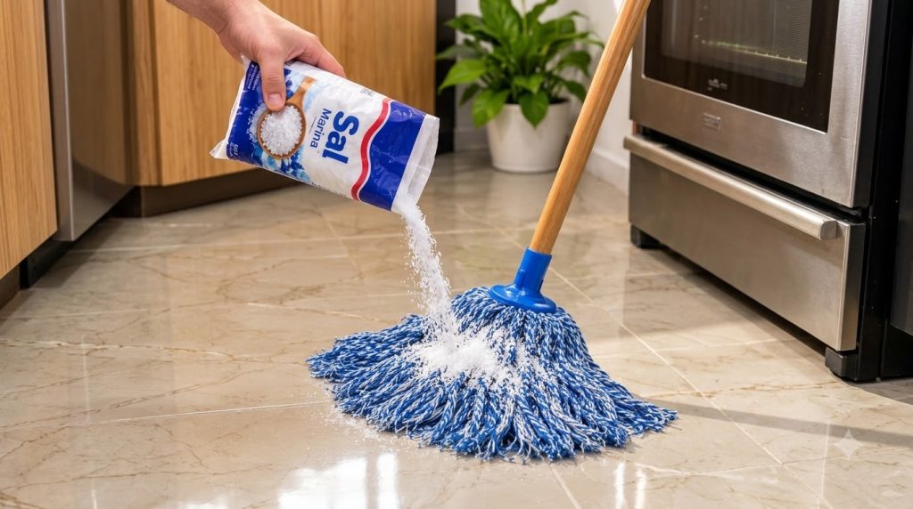 A close-up of a hand pouring sea salt from a bag directly onto the blue and white fibers of a mop head which is resting 