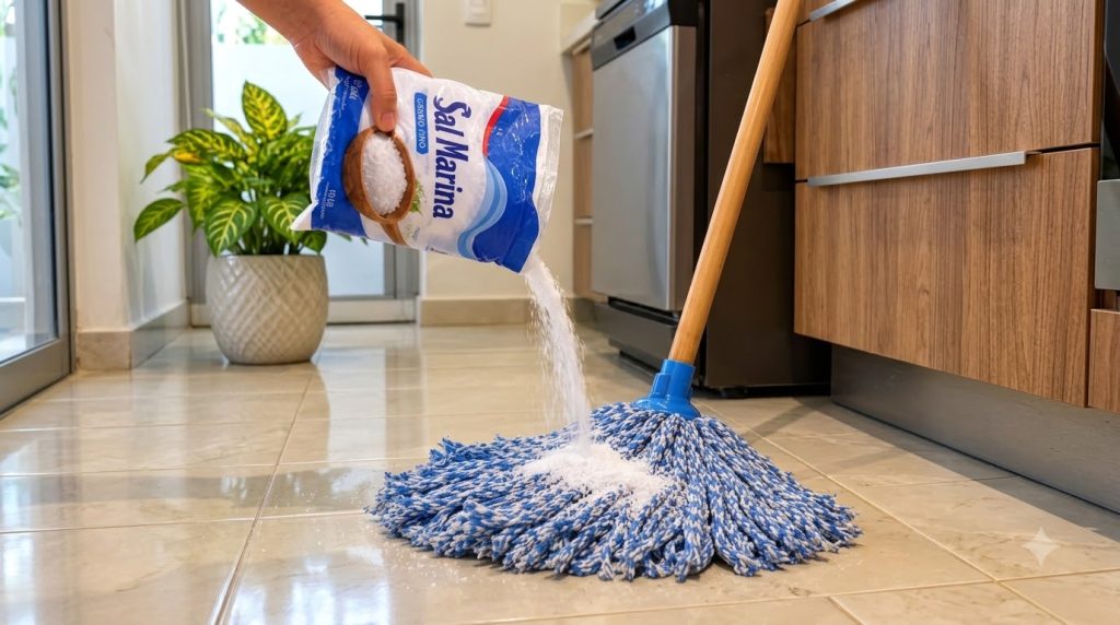 A hand pouring sea salt from a bag onto a blue and white string mop head which rests on a light-colored tiled floor