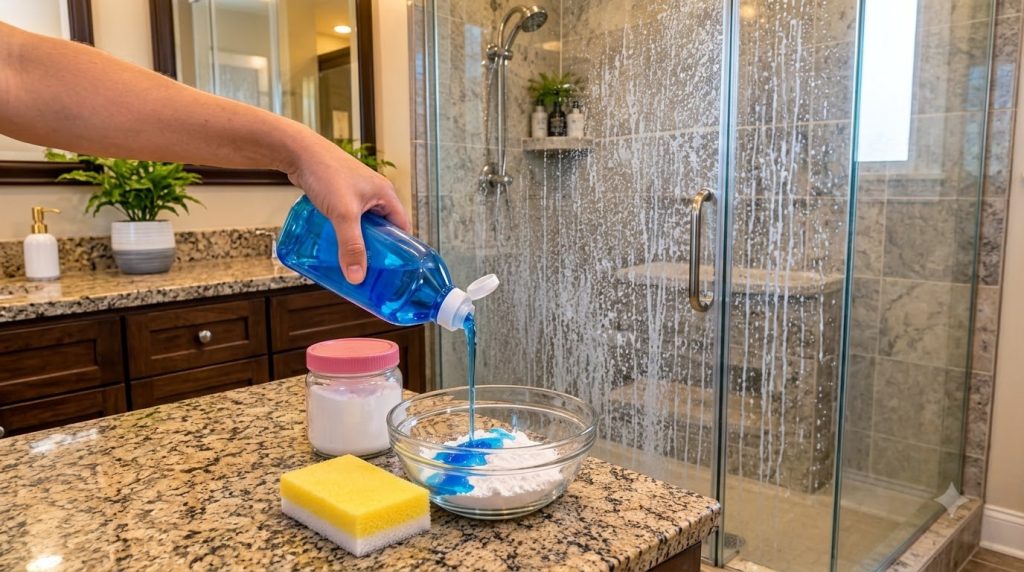 A hand pouring blue liquid from a bottle into a glass bowl containing white powder with a yellow sponge nearby and a mes