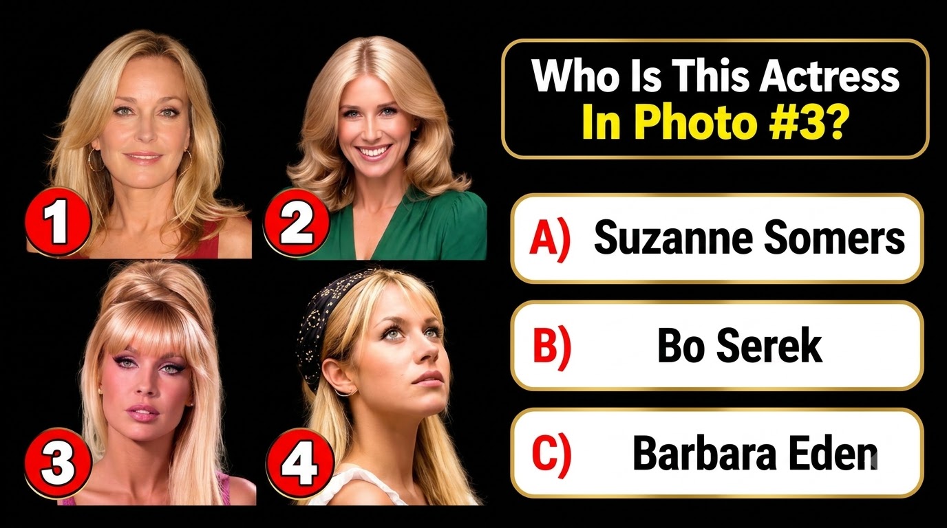 A multiple-choice quiz image showing four headshots of blonde actresses from classic Hollywood with the question Who Is 