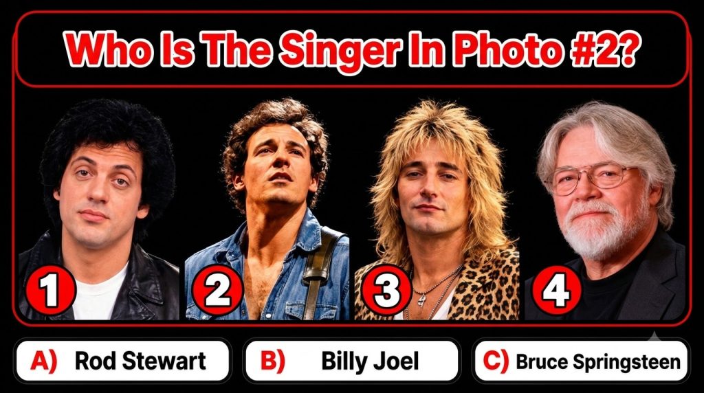 A multiple-choice quiz image showing four portraits of famous male musicians from the classic rock era arranged in a 2x2