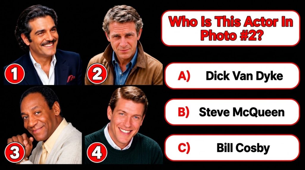 A quiz-style graphic with a black background featuring a title Who Is This Actor In Photo 2 and four headshots of male a