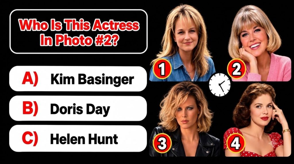 A quiz graphic featuring four headshots of actresses Helen Hunt Doris Day Kathrine Narducci Hedy Lamarr against a black 