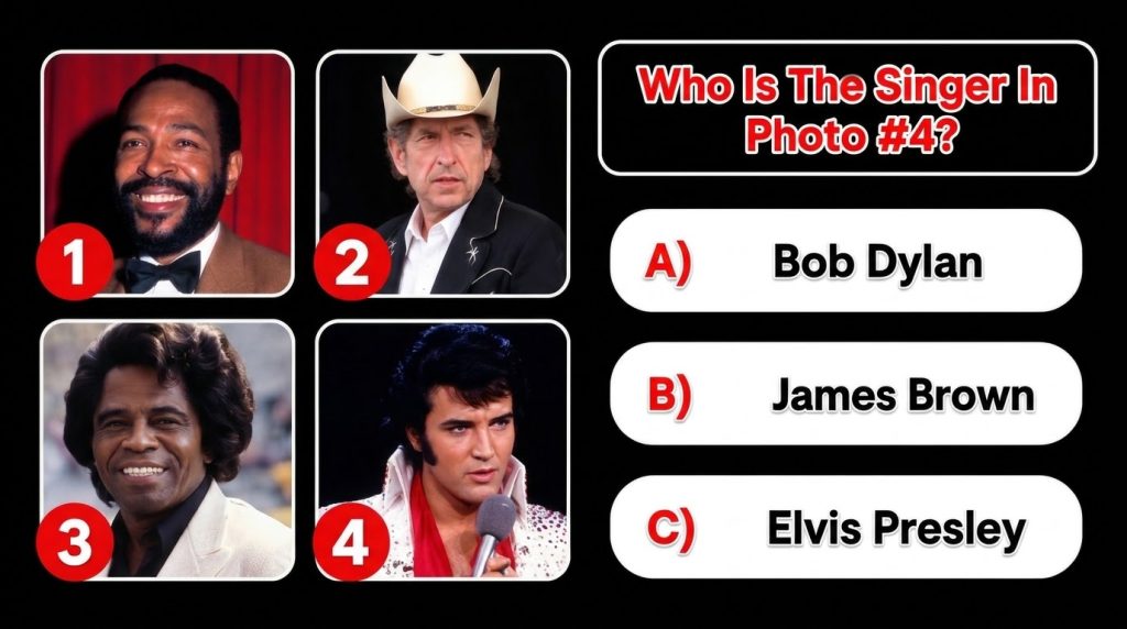 A quiz image showing four square portraits of legendary male singers with Elvis Presley prominently featured in photo 4