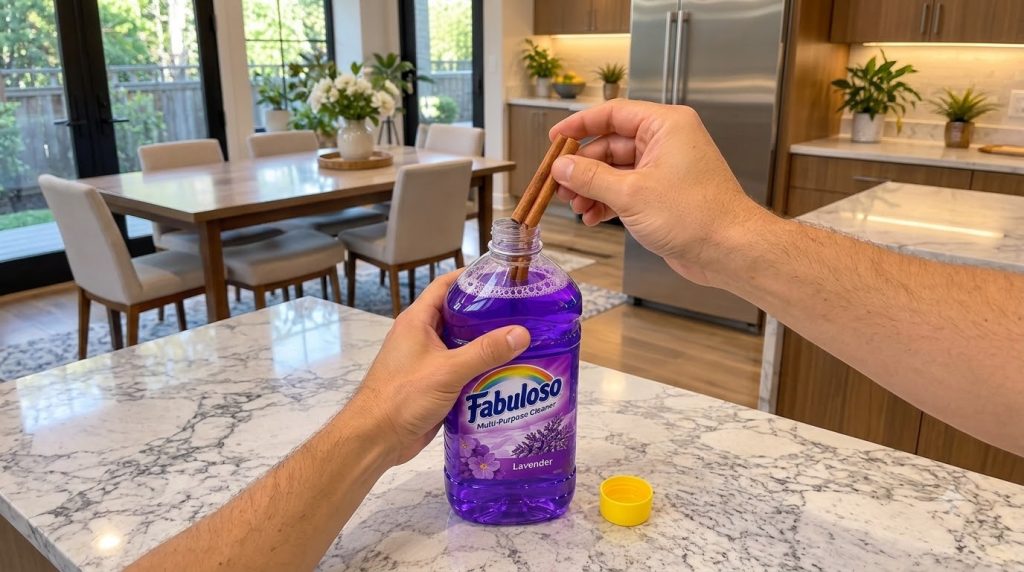 Hands inserting cinnamon sticks into a bottle of purple Fabuloso multi-purpose cleaner on a white marble countertop