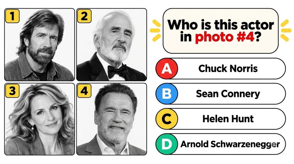 A black and white 2x2 grid of celebrity headshots including Chuck Norris Sean Connery Helen Hunt and Arnold Schwarzenegg