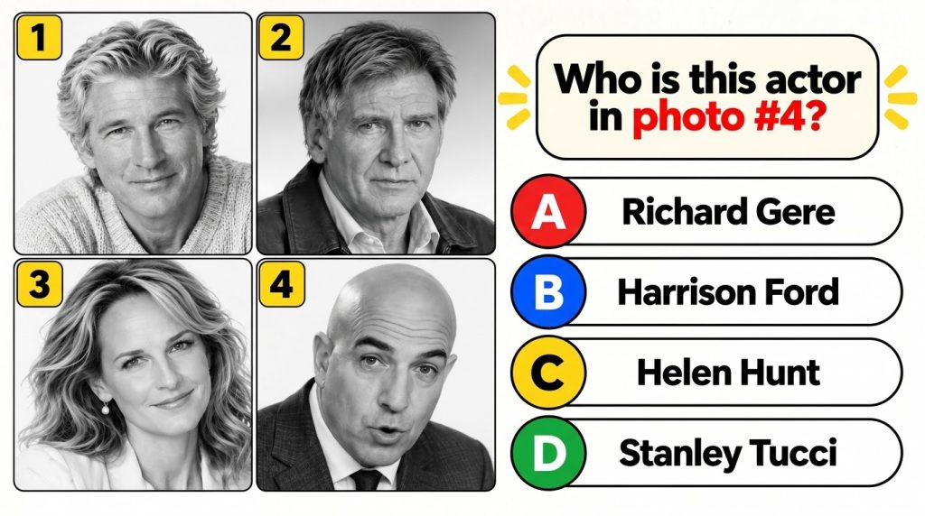 A black and white celebrity identification quiz with four headshot portraits of actors Richard Gere Harrison Ford Helen 