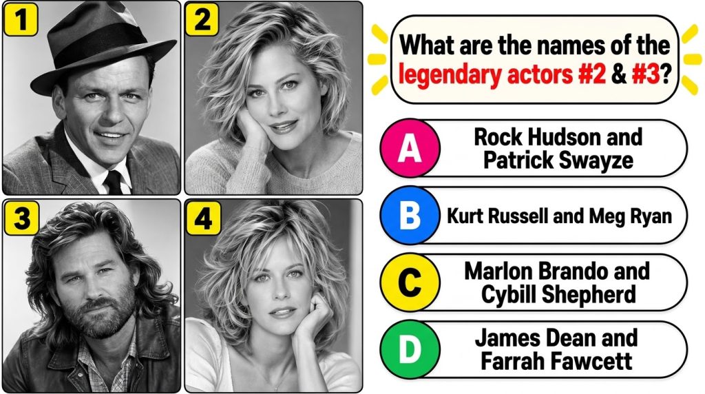 A black and white headshot of a classic Hollywood actor Gregory Peck presented as part of a multiple-choice quiz