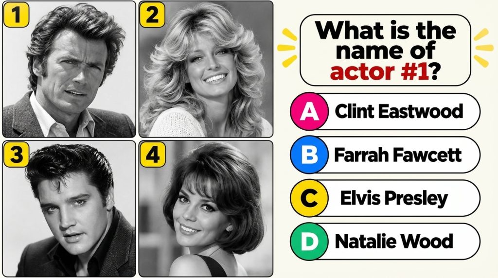 A black and white trivia quiz card featuring headshots of Clint Eastwood Farrah Fawcett Elvis Presley and Natalie Wood w