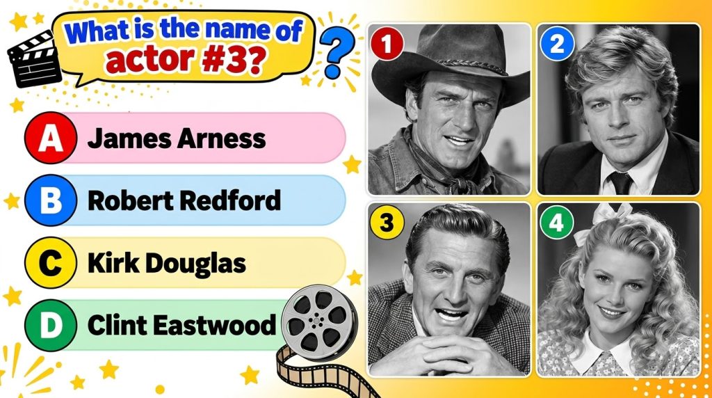 A black and white quiz graphic featuring four classic Hollywood actors in a 2x2 grid The main question asks What is the 