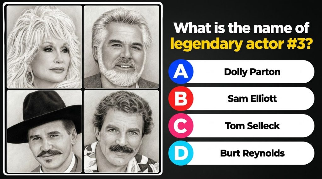 A mobile quiz game interface showing four black and white pencil portraits of celebrities in a grid with a question belo