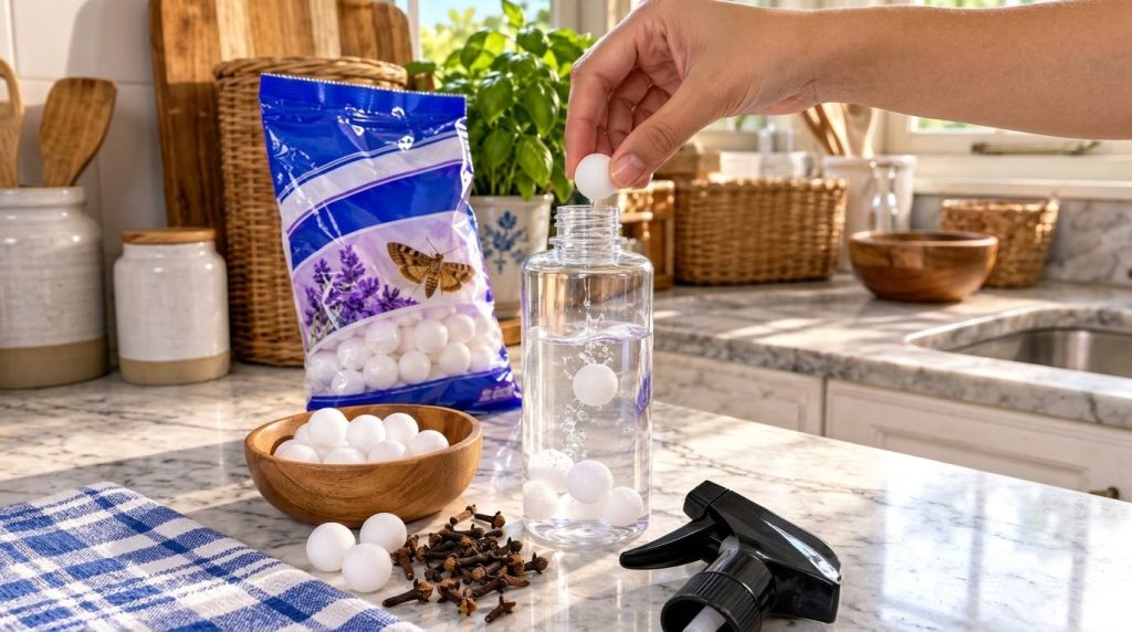 A hand gently dropping a white sphere into a clear bottle of water on a sunlit marble countertop Other lavender spheres 