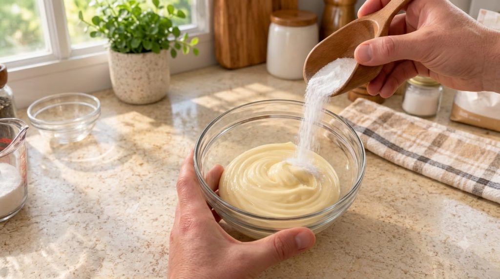 Hands applying a mayonnaise and baking soda paste to a water stain on a wooden table with the stain visibly fading