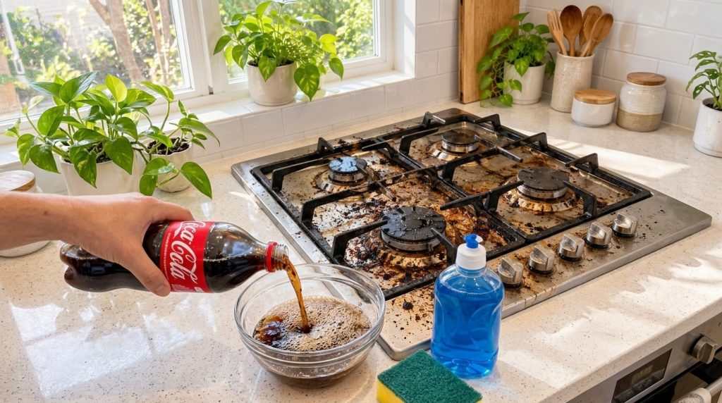 Una estufa de gas muy sucia con residuos de comida quemada y una mano vertiendo Coca-Cola en un recipiente al lado con u