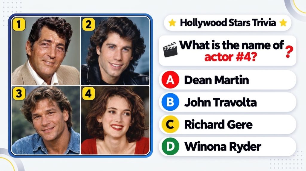 A mobile quiz interface titled Hollywood Stars Trivia featuring headshots of Dean Martin John Travolta Patrick Swayze an