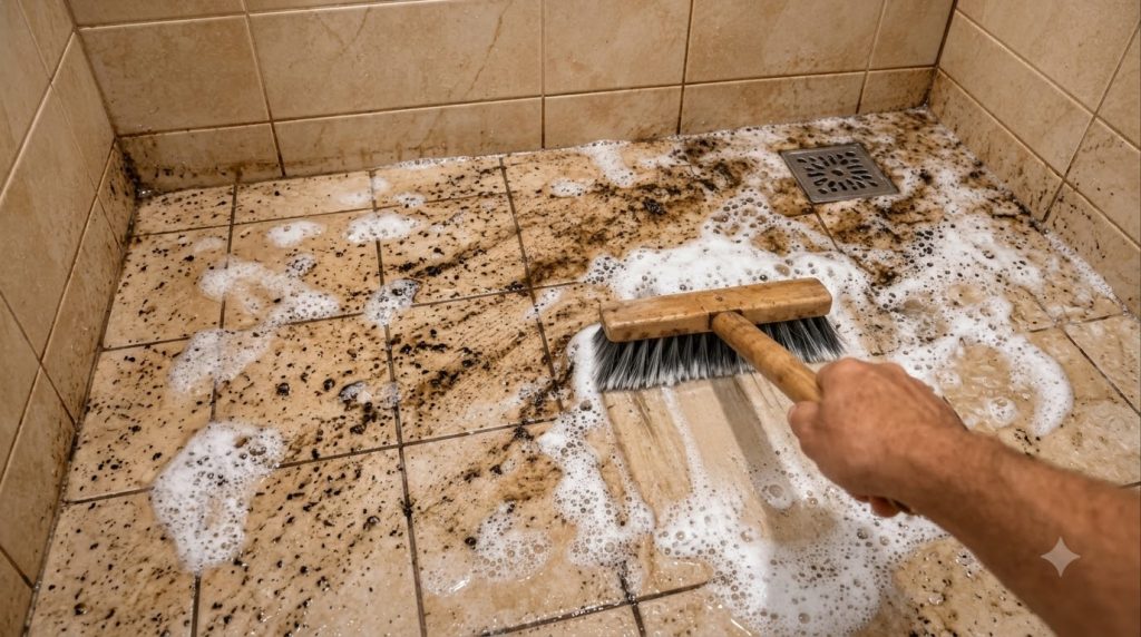 A hand vigorously scrubbing a dirty tiled bathroom floor with a wooden brush creating white soap suds mixed with dark gr