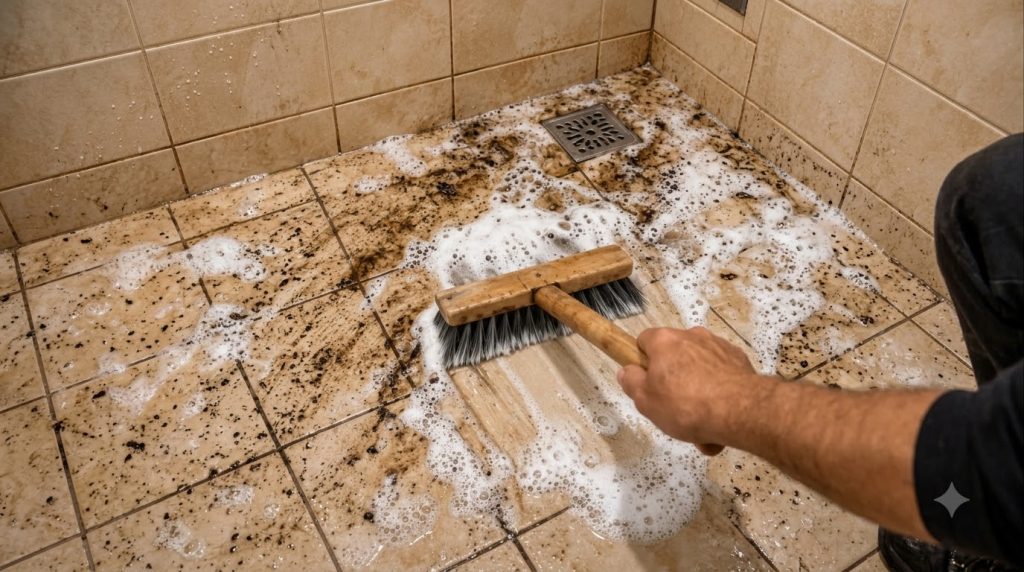 A person s hand using a wooden scrubbing brush to clean a tiled shower floor covered in soap suds dirty water and grime