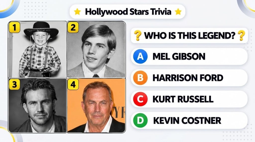 A Hollywood Stars Trivia quiz featuring four portraits of Kevin Costner at different ages a child a young man a younger 