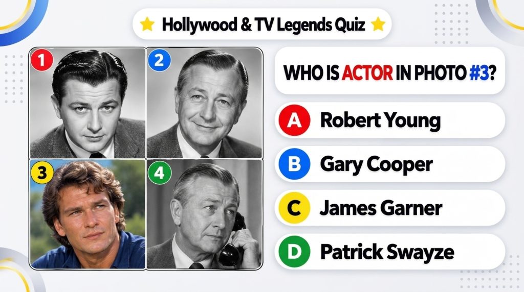 A multi-choice quiz interface titled Hollywood TV Legends Quiz featuring four numbered portrait photos of male actors in