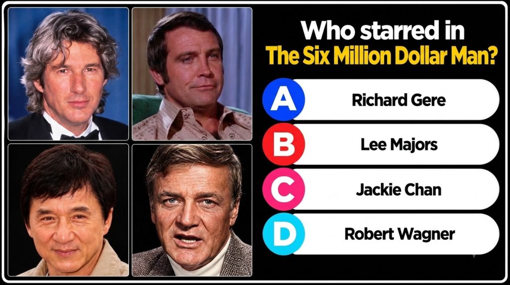 A vertical quiz image showing four headshots of male actors Richard Gere Lee Majors Jackie Chan Robert Wagner in a 2x2 g
