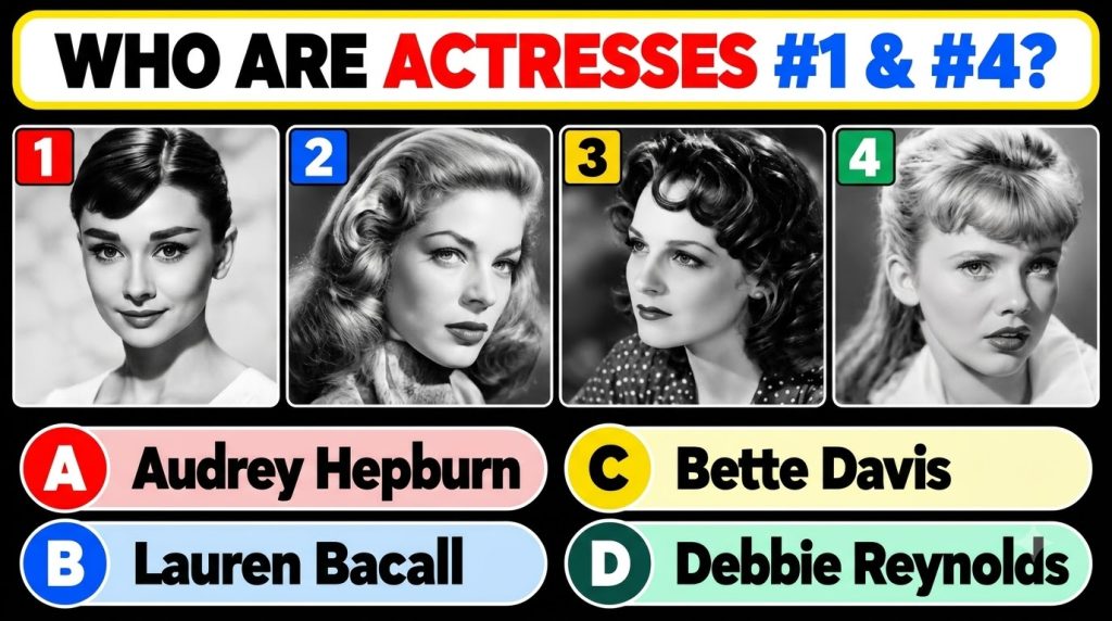 A 2x2 grid of four black and white headshots of classic Hollywood actresses numbered 1 through 4 Below the grid are four