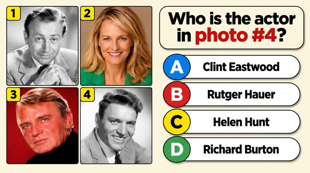 A classic black and white portrait of Audrey Hepburn from her Golden Age Hollywood era with a quiz overlay asking Who is
