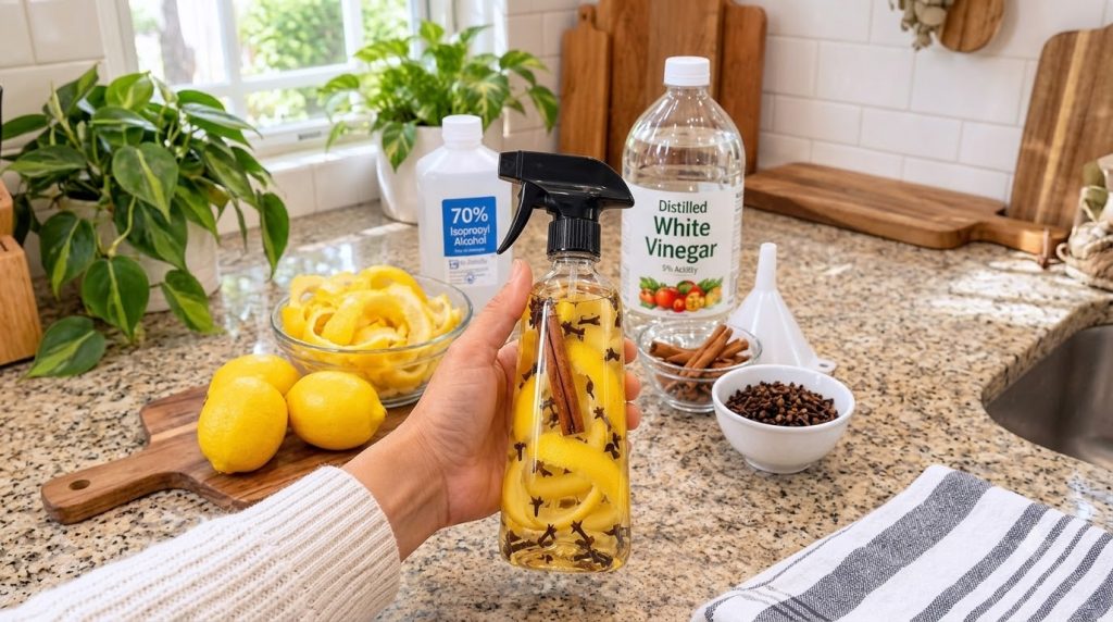 A hand holding a clear spray bottle filled with a liquid solution lemon peels cinnamon sticks and cloves In the backgrou