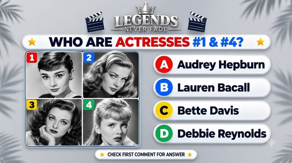A vertical quiz graphic with a Legends Never Fade theme featuring film clapperboard and crown motifs It shows four black