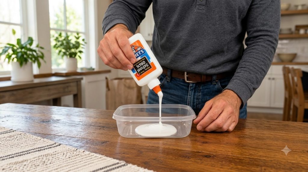 Person s hands pouring white glue from a bottle into a clear plastic container on a rustic wooden table