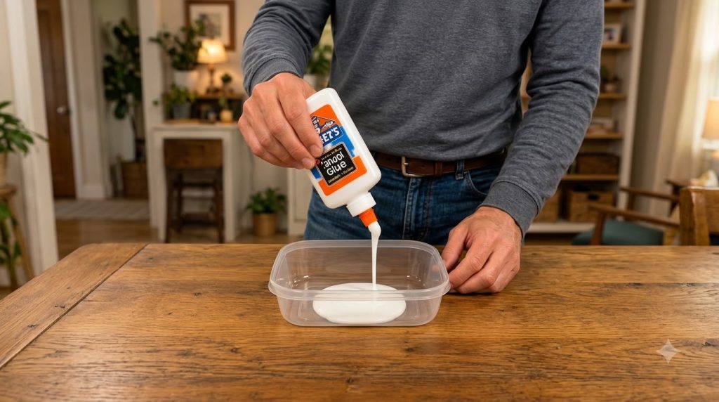 Una persona vierte pegamento blanco escolar de una botella en un recipiente de plástico transparente que ya contiene un 