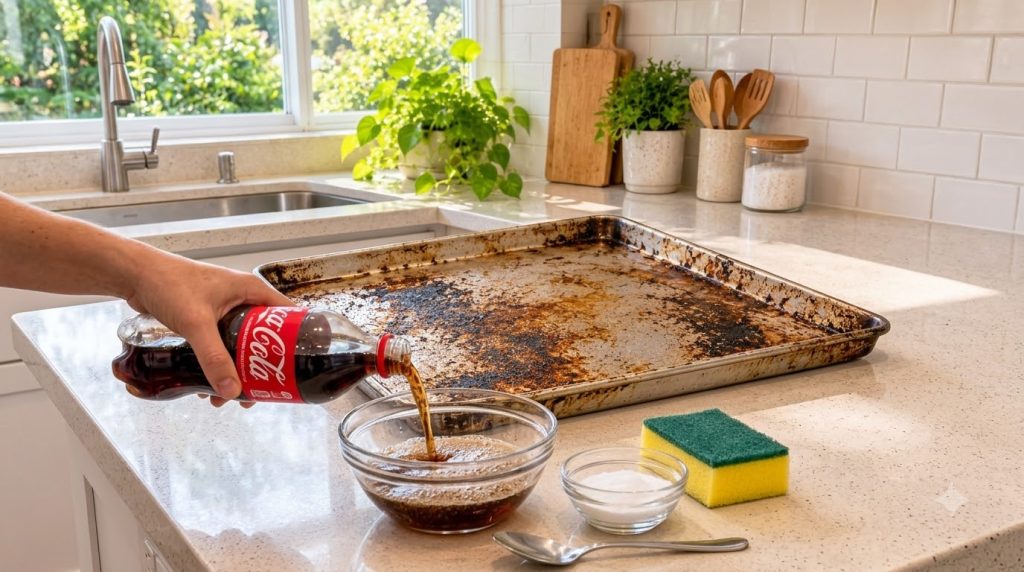 A hand pouring Coca-Cola into a glass bowl containing salt next to a dirty baking sheet on a clean kitchen countertop wi