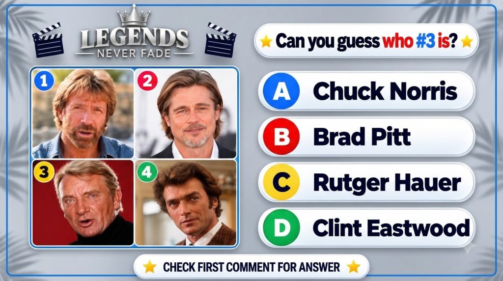 A movie-themed quiz grid showing four portrait headshots of male actors with a banner asking Can you guess who 3 is and