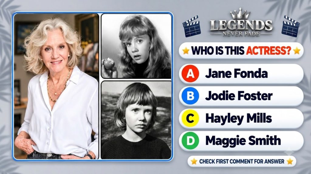 A trivia quiz card asking to identify a famous actress It features a recent color photo of an older smiling woman alongs
