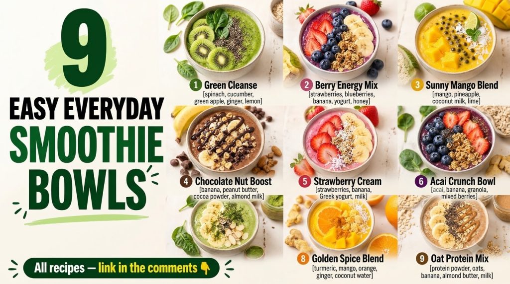 A vibrant collage of nine distinct smoothie bowls in a 3x3 grid each labeled with its name and key ingredients featuring