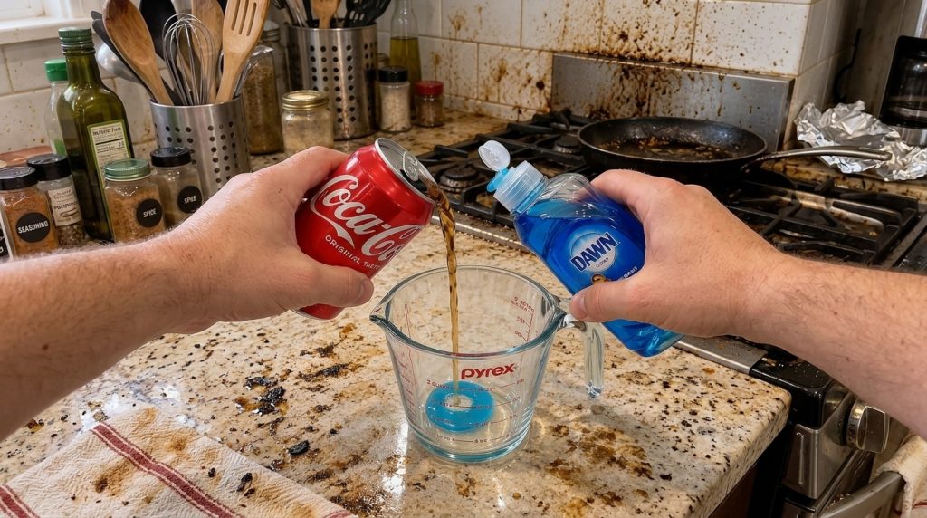Two hands pouring Coca-Cola from a red can and blue dish soap from a bottle into a Pyrex measuring cup on a dirty granit