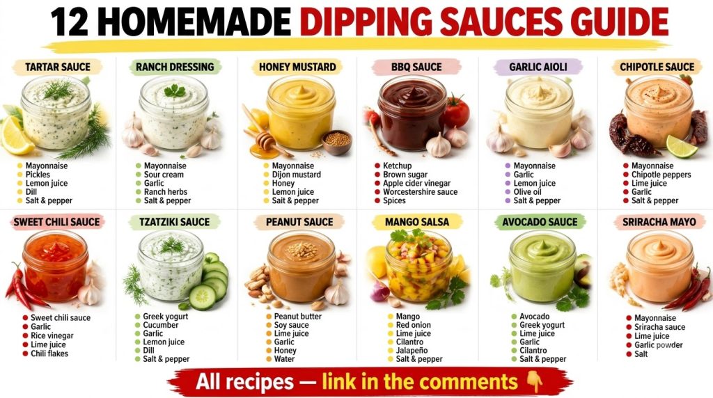 An infographic showing 12 different homemade dipping sauces in glass jars arranged in a 3x4 grid with ingredients artful