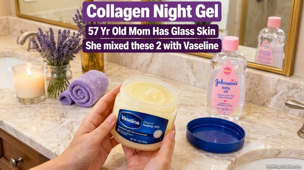 Hands gently holding an open jar of Vaseline Original Healing Jelly with a soft warm background of a bathroom counter wi