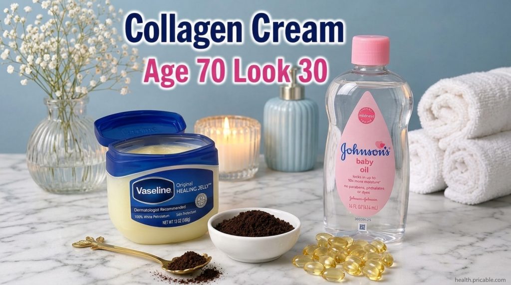 A flat lay of Vaseline Johnson s Baby Oil coffee grounds in a bowl and vitamin E capsules on a white marble surface impl