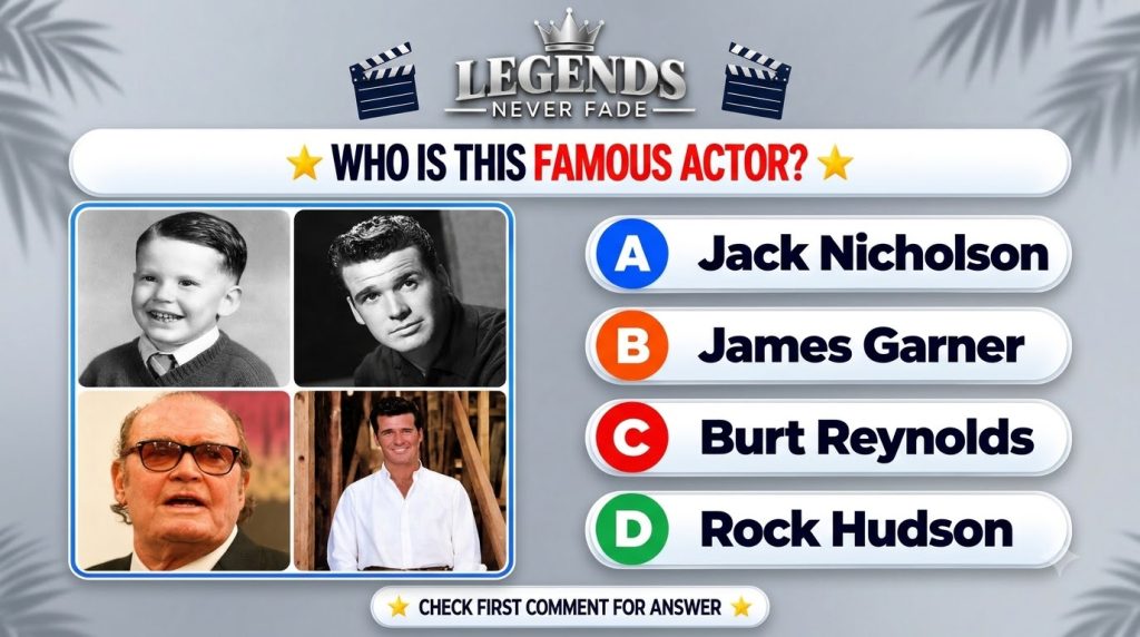 A quiz graphic showing four photographs of a famous actor James Garner from childhood to old age with the title LEGENDS 