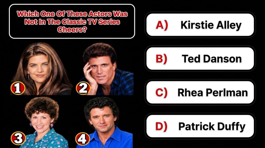 A vertical quiz layout featuring the question Which actor was NOT in the TV series Cheers at the top Below the question