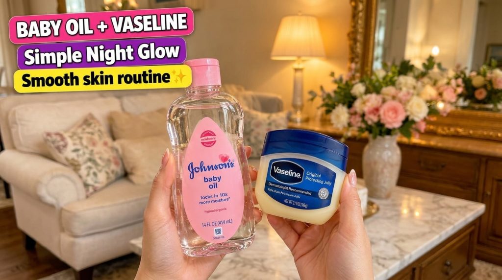 Two hands holding a bottle of Johnson s Baby Oil and a jar of Vaseline Original Protecting Jelly against a softly blurre