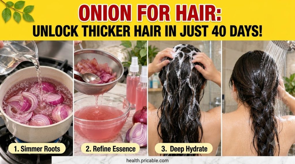Red onion slices simmering in a pot with water creating an onion essence for hair