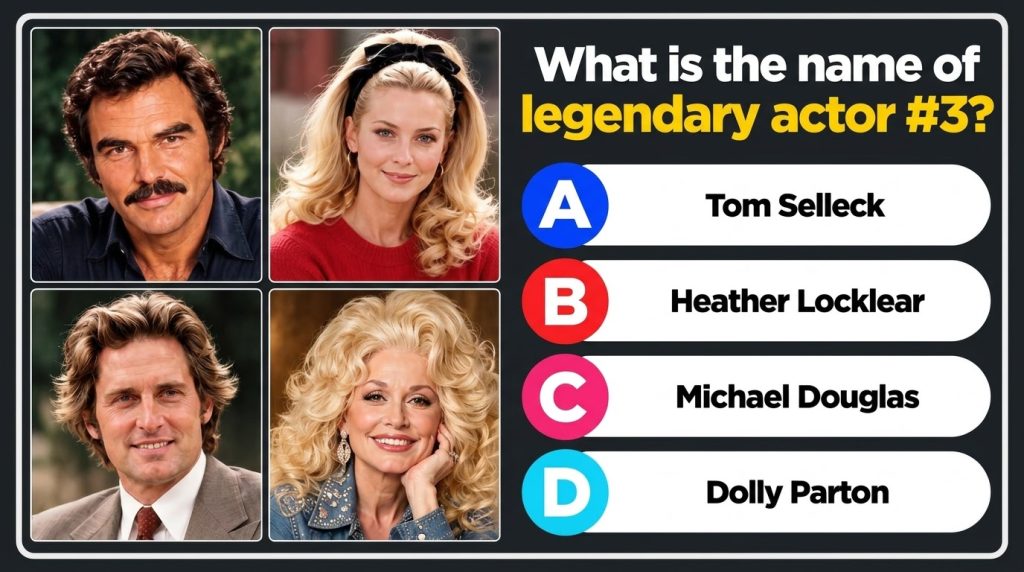 A quiz image with four classic Hollywood celebrity portraits against a black background