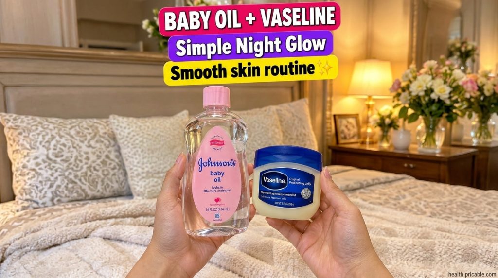 Hands holding a bottle of baby oil and a jar of petroleum jelly on a blurred bedroom background