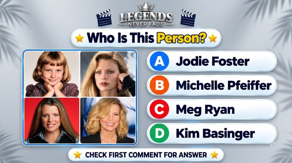 A social media quiz graphic asking Who Is This Person featuring a 2x2 grid of four portraits of the same woman at differ